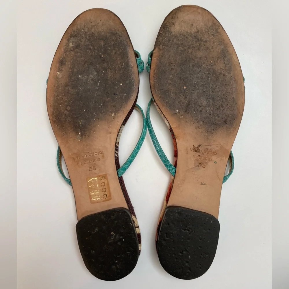 Dolce & Gabbana Turquoise Snake-Embossed Leather & Floral Canvas Flats Size 7.5 - Picture 6 of 9